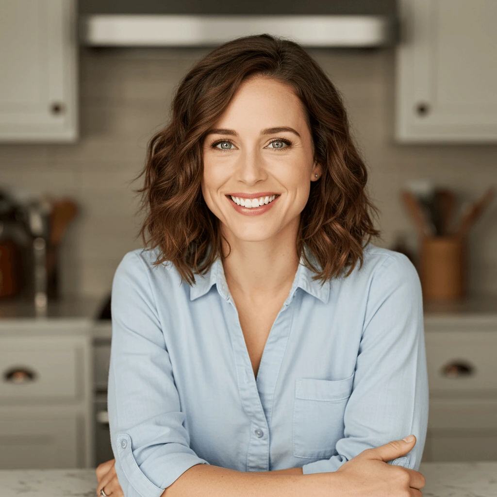 Smiling woman in casual kitchen outfit standing in a bright home kitchen, representing the face of The Heavenly Recipes.